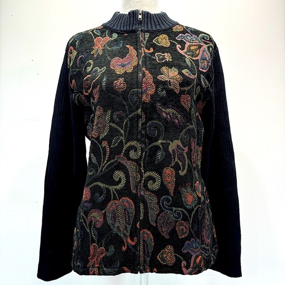 Christopher & Banks Sweaters - Christopher & Banks Black Ribbed w Jewel Tone Jacquard Floral Zip Front Cardigan